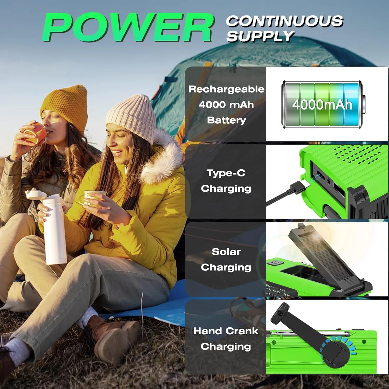 Radios for Emergency, Multifunction Solar Charger Hand Crank NOAA Weather AM/FM Radio 4000mAh with USB Charged, Reading Lamp, Flashlight, SOS Alarm, Headphone Jack for Camping Emergencies