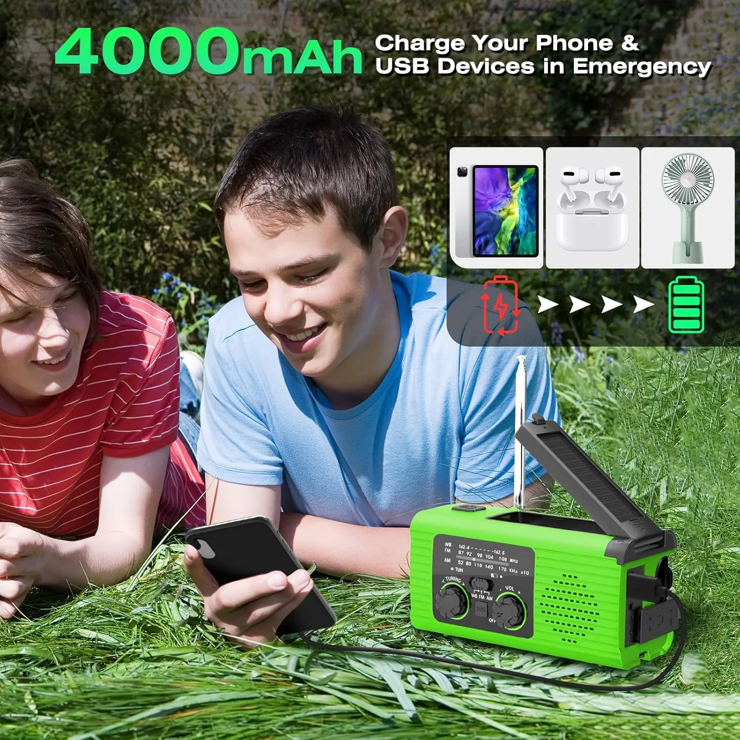 Radios for Emergency, Multifunction Solar Charger Hand Crank NOAA Weather AM/FM Radio 4000mAh with USB Charged, Reading Lamp, Flashlight, SOS Alarm, Headphone Jack for Camping Emergencies