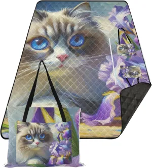 Ragdoll Cat Irises Flower Beach Blankets Waterproof Sandproof Cute Picnic Blankets Foldable Packable Camping Blanket 80" x 60"