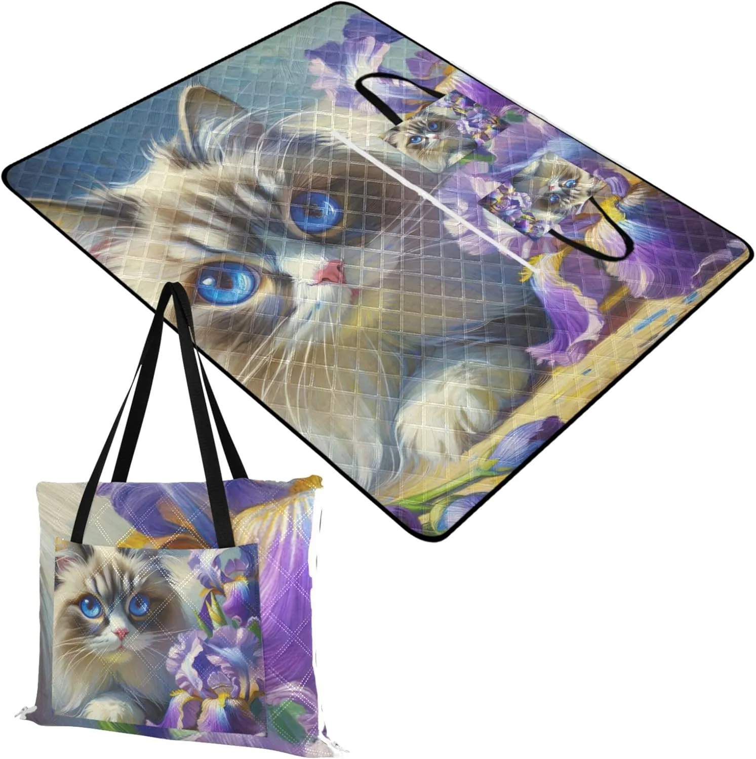 Ragdoll Cat Irises Flower Beach Blankets Waterproof Sandproof Cute Picnic Blankets Foldable Packable Camping Blanket 80" x 60"