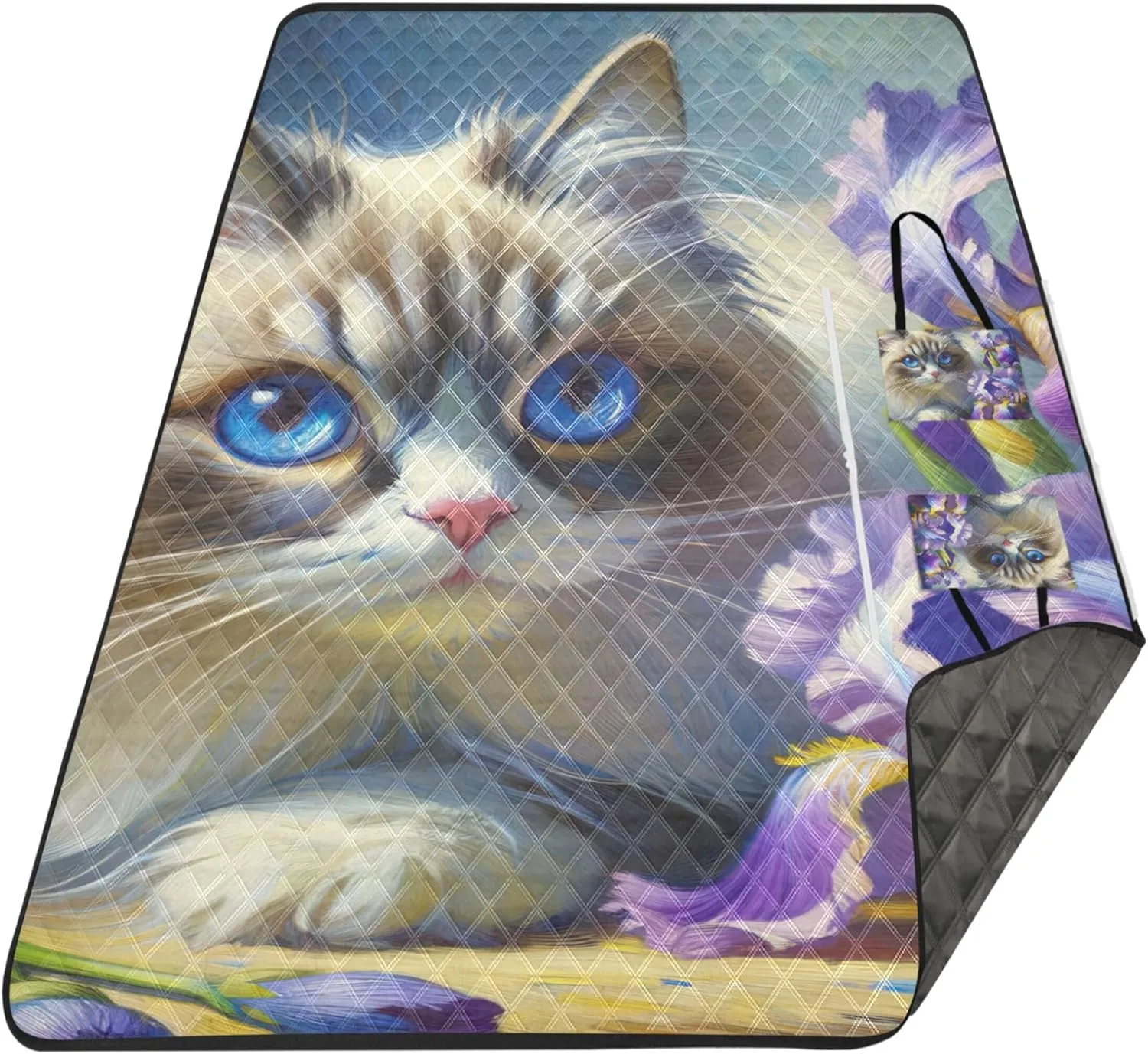 Ragdoll Cat Irises Flower Beach Blankets Waterproof Sandproof Cute Picnic Blankets Foldable Packable Camping Blanket 80" x 60"