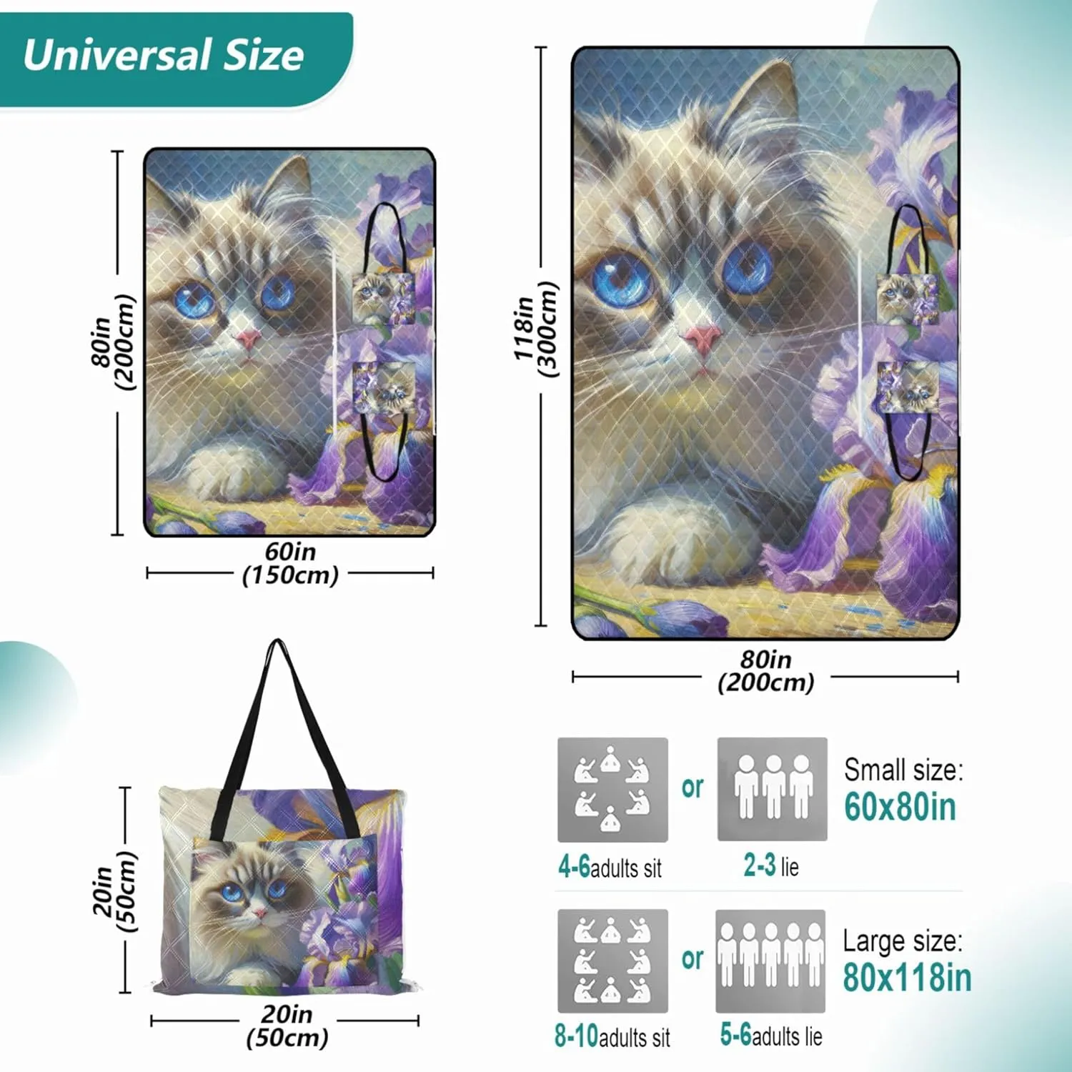 Ragdoll Cat Irises Flower Beach Blankets Waterproof Sandproof Cute Picnic Blankets Foldable Packable Camping Blanket 80" x 60"