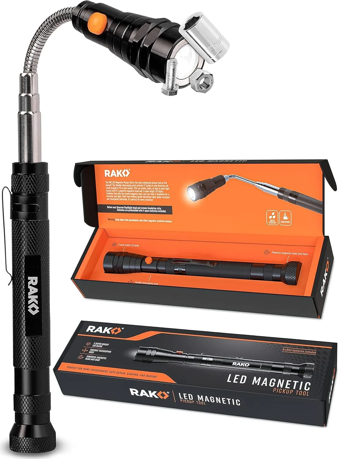 RAK Magnetic Pickup Tool Gifts for Men - Fathers Day Gift, Telescoping Magnet with LED Flashlight and 22 Inches Extendable Neck, Cool Magnetic Flashlight Gifts for Dad, Husband, Grandpa, Handyman