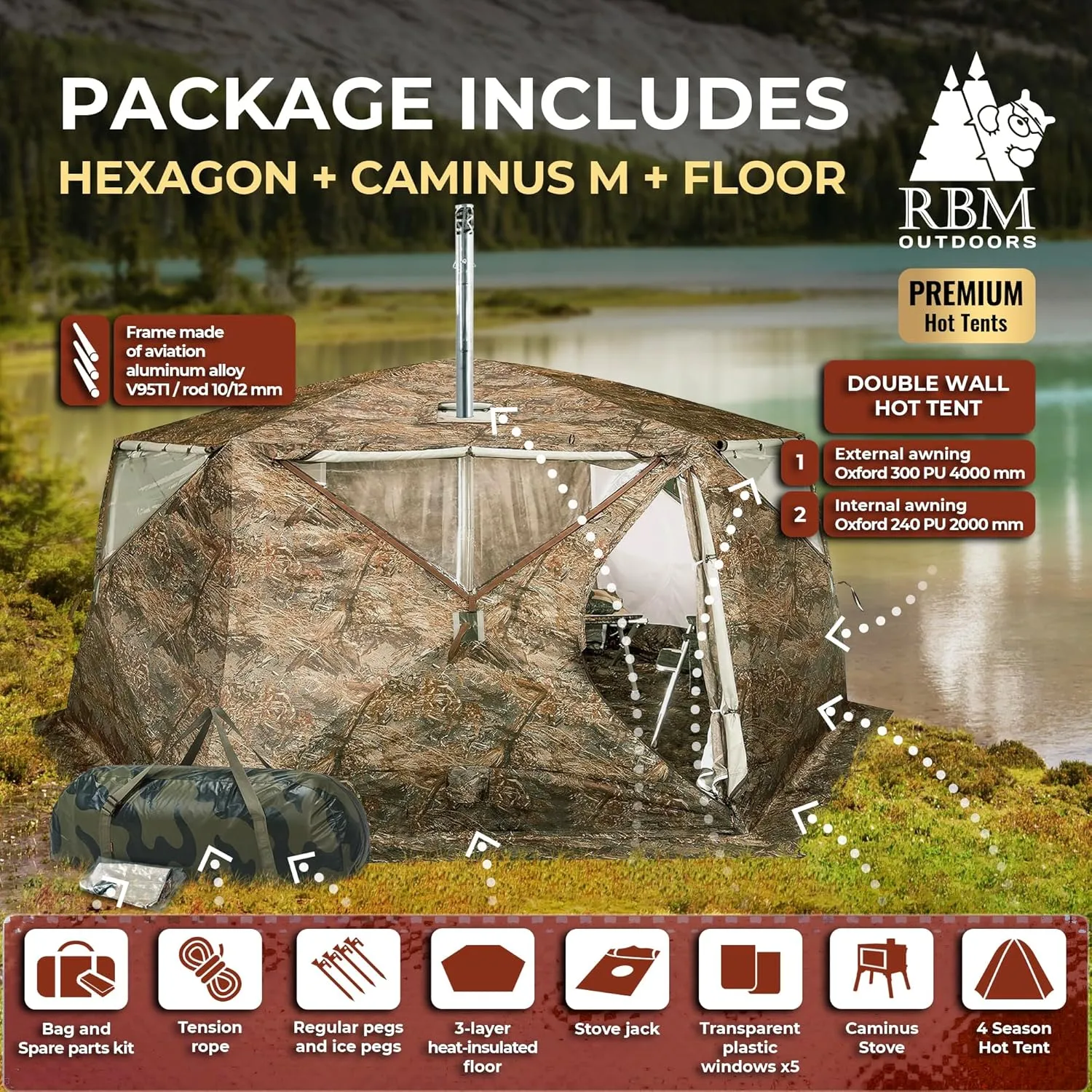 Rbm Outdoors Hot Tent with Stove Jack, Easy Setup 4 Season Winter Tents for Camping, Cold Weather Wall Double Layer Waterproof & Windproof Shelter