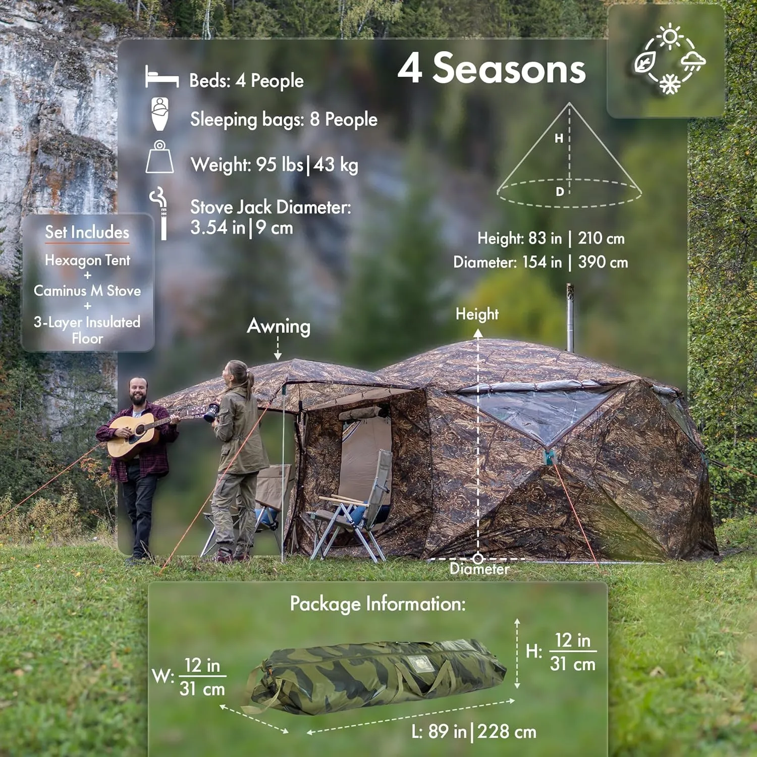 Rbm Outdoors Hot Tent with Stove Jack, Easy Setup 4 Season Winter Tents for Camping, Cold Weather Wall Double Layer Waterproof & Windproof Shelter