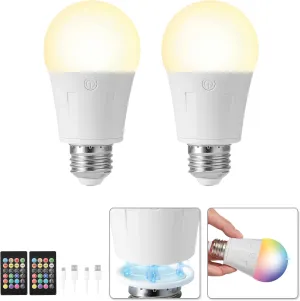 Rechargeable Battery Operated Light Bulbs, E26 Detachable LED Bulb with Remote Control, Dimmable, 4 Color Temperatures, RGB, Timer, Emergency Light Bulbs for Power Outrage, Lamp and Sconce, 2 Pack
