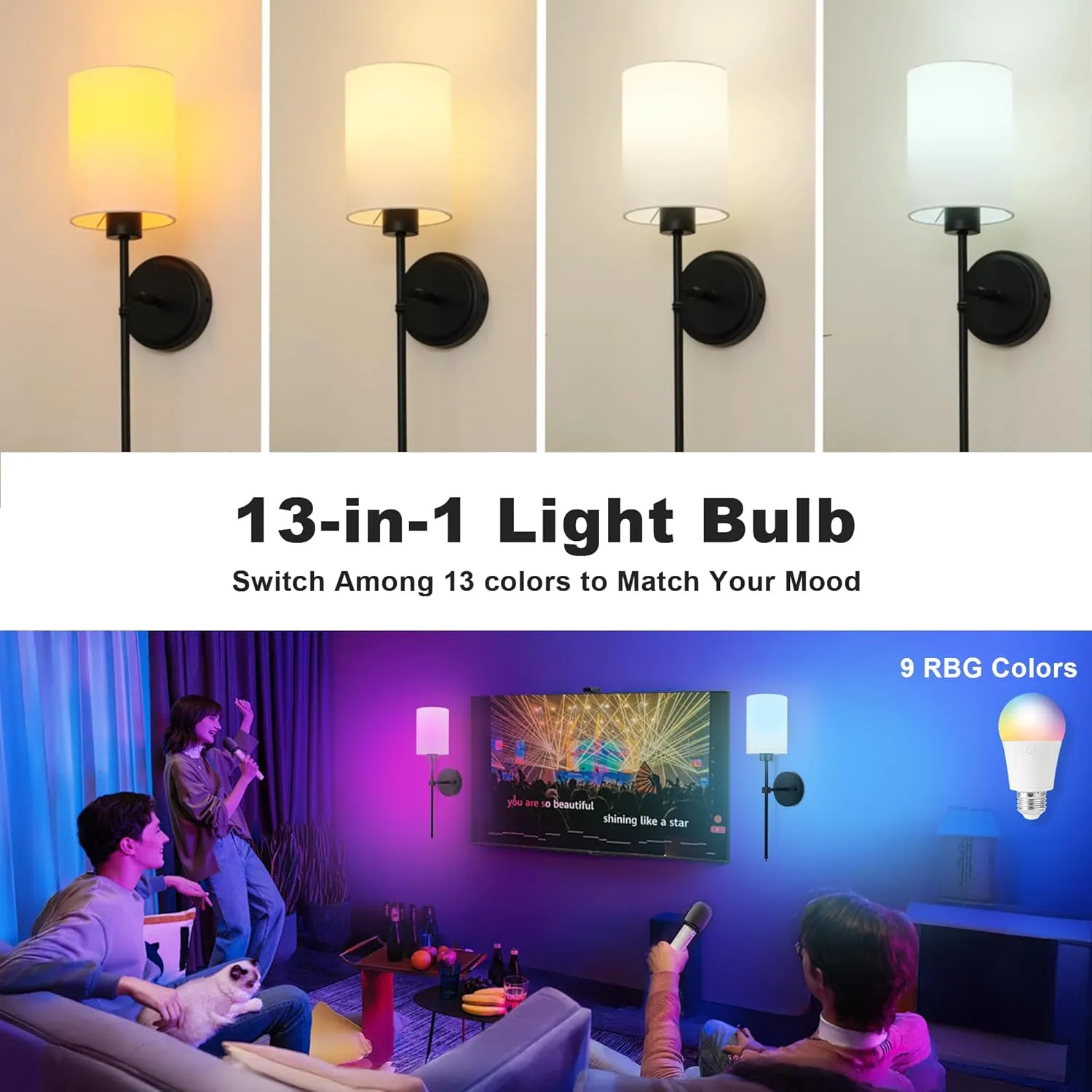 Rechargeable Battery Operated Light Bulbs, E26 Detachable LED Bulb with Remote Control, Dimmable, 4 Color Temperatures, RGB, Timer, Emergency Light Bulbs for Power Outrage, Lamp and Sconce, 2 Pack