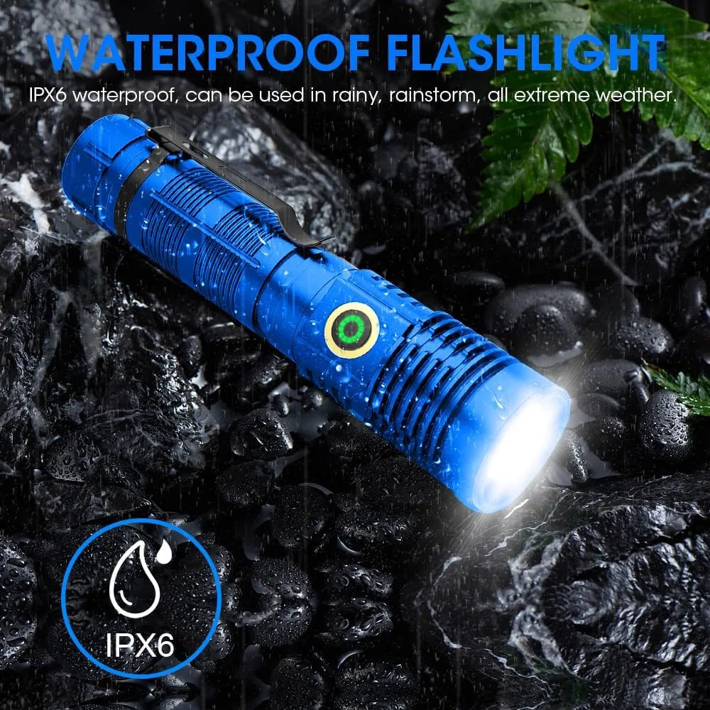 Rechargeable Flashlight High Lumens, High Lumens Super Bright Flash Light, Long-Range Zoomable LED Flashlights for Emergency, EDC, Searching, Waterproof Flashlight Dimmable Blue Pcs