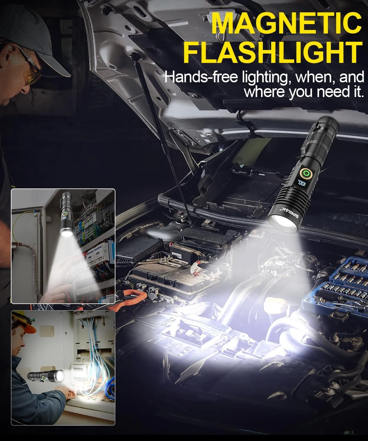 Rechargeable Flashlight High Lumens- Super Bright Magnetic Flash Light with Power Digital Display, Long Range,Dimmable,Waterproof,Pocket Tactical LED Flashlights for Emergency Camping 2PC