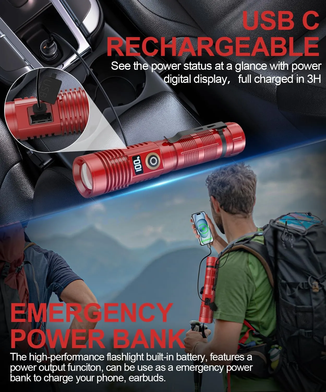 Rechargeable Flashlight High Lumens- Super Bright Magnetic Flash Light with Power Digital Display, Long Range,Dimmable,Waterproof,Pocket Tactical LED Flashlights for Emergency,Red 1PC
