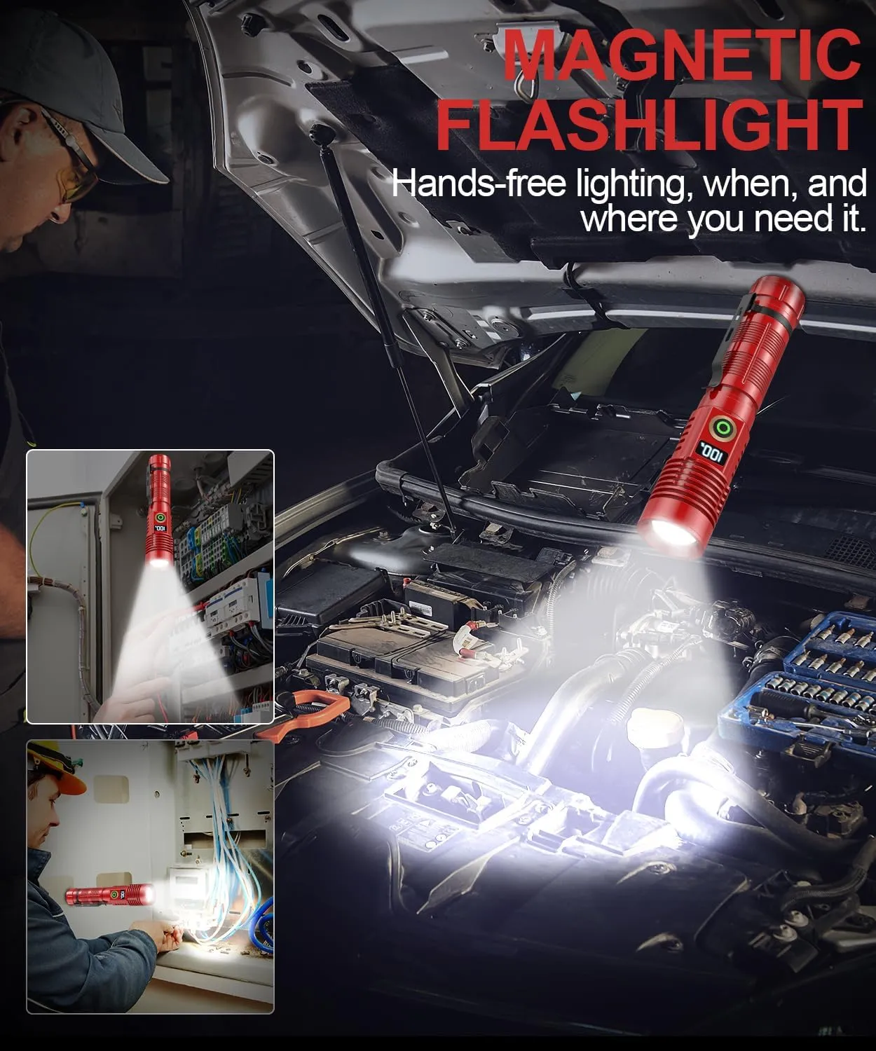 Rechargeable Flashlight High Lumens- Super Bright Magnetic Flash Light with Power Digital Display, Long Range,Dimmable,Waterproof,Pocket Tactical LED Flashlights for Emergency,Red 1PC