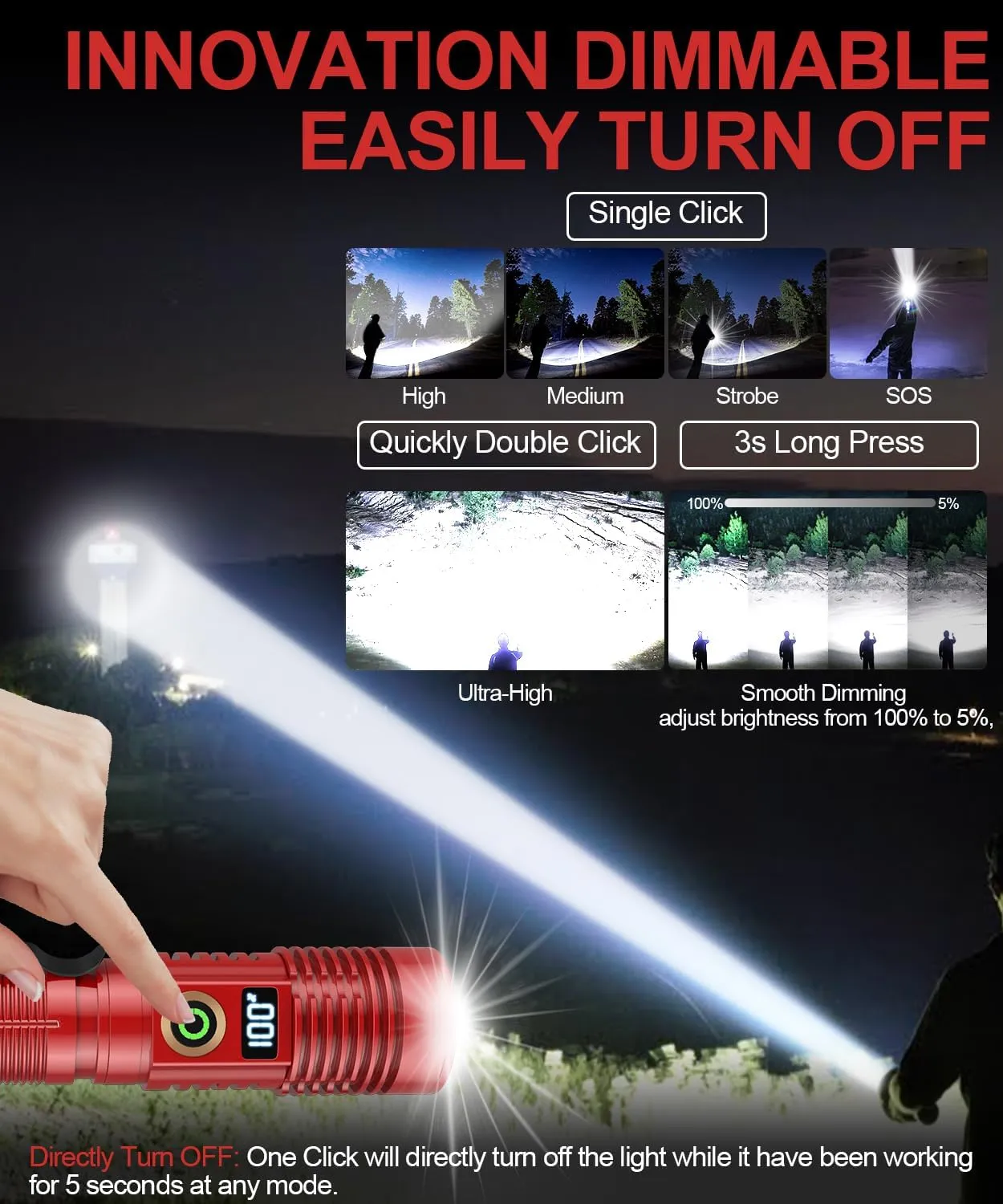 Rechargeable Flashlight High Lumens- Super Bright Magnetic Flash Light with Power Digital Display, Long Range,Dimmable,Waterproof,Pocket Tactical LED Flashlights for Emergency,Red 1PC