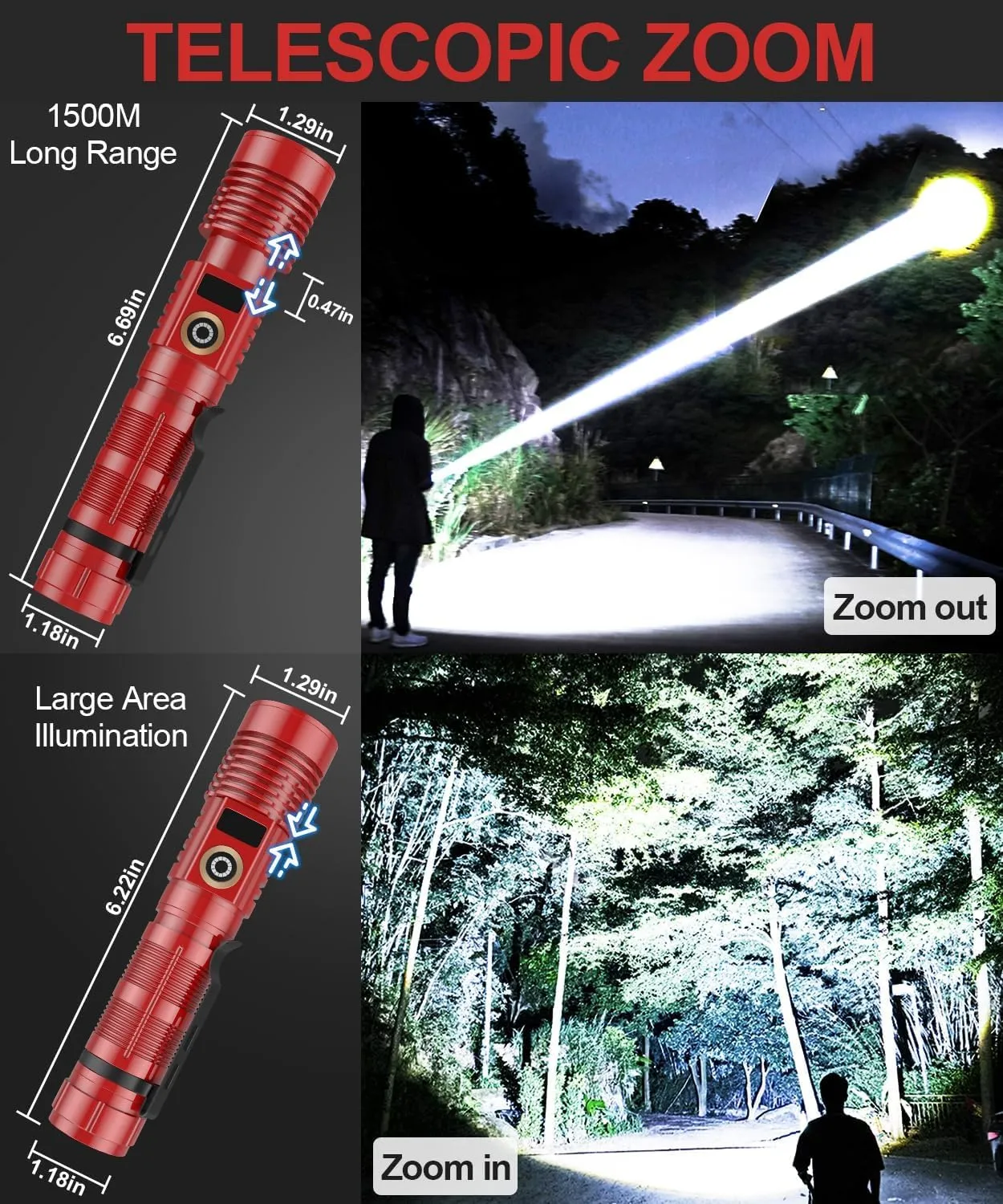 Rechargeable Flashlight High Lumens- Super Bright Magnetic Flash Light with Power Digital Display,Long Range,Dimmable,Waterproof,Pocket LED Flashlights for Emergency Camping 2PC Red