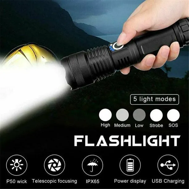 Rechargeable Flashlight, Super Bright, Waterproof, 5 Modes, Battery Included
