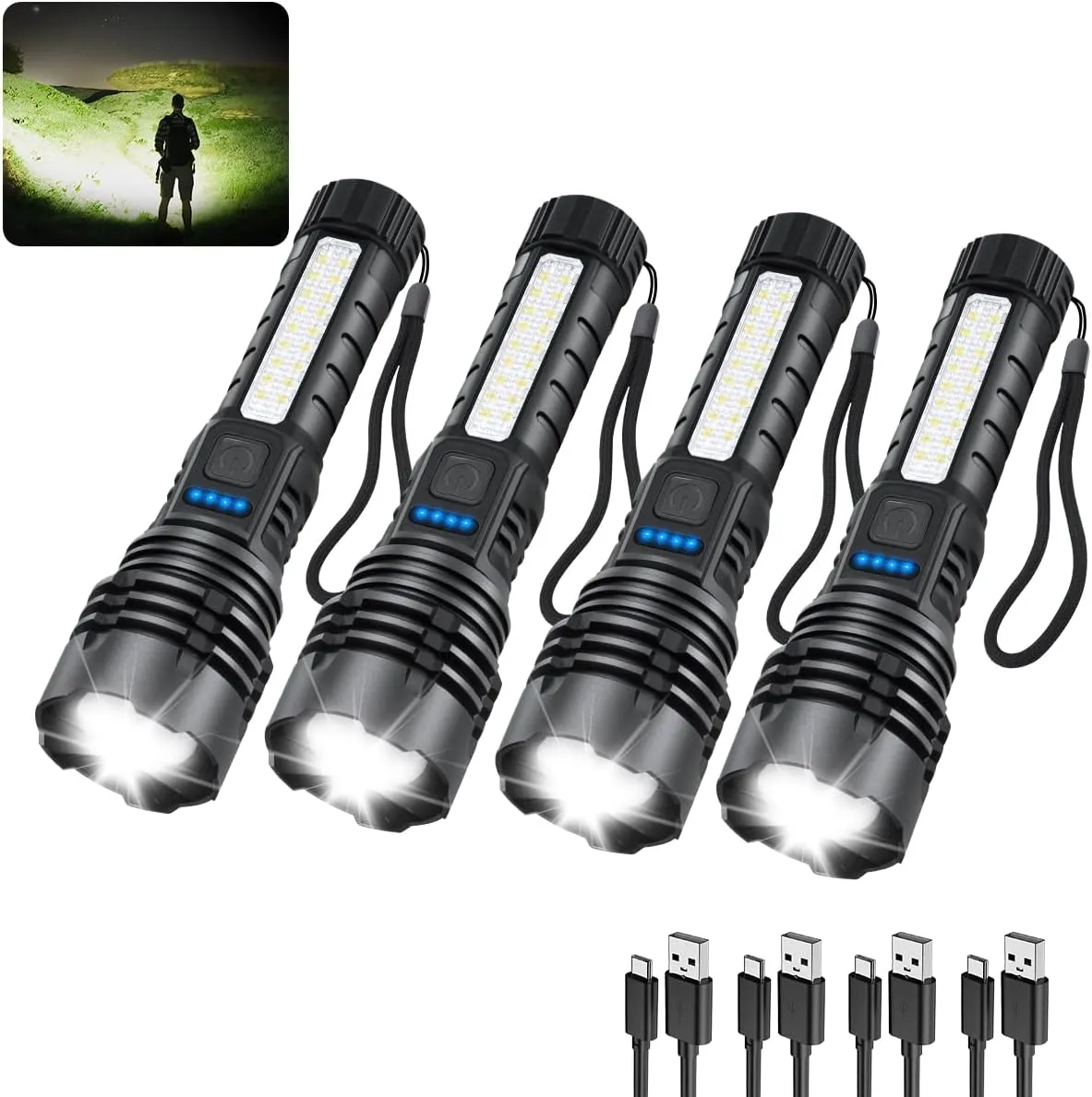 Rechargeable Flashlights High Lumens, 7Mode Flashlights Rechargeable, Super Bright Flashlight, Adjustable Tactical Flashlight, High Powered Flash Light, LED Flashlight for Emergency Home 4Pack