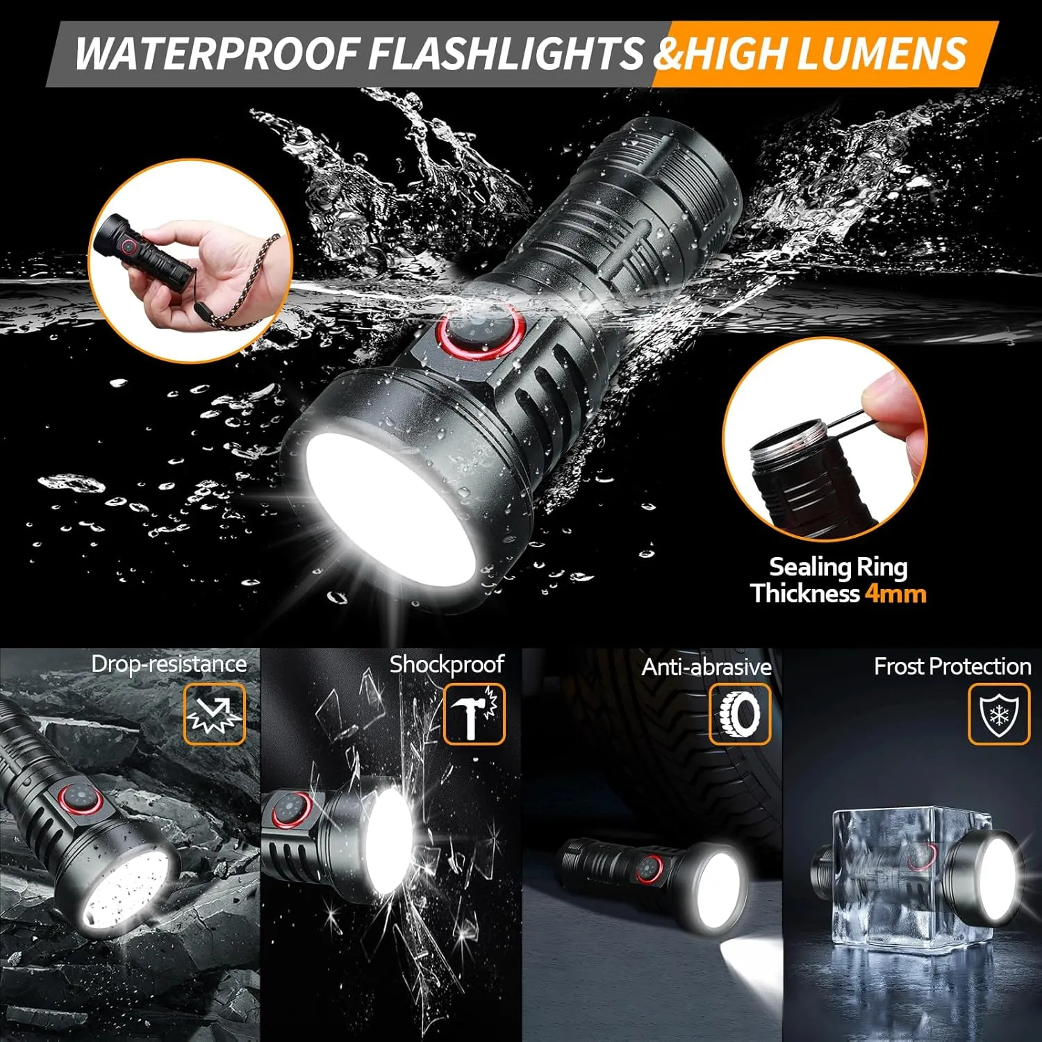 Rechargeable Flashlights High Lumens, Small LED Flashlight 2000 Lumens, EDC Super Bright Flashlight, IP68 Waterproof Flashlights for Camping Hiking Emergencies -Black