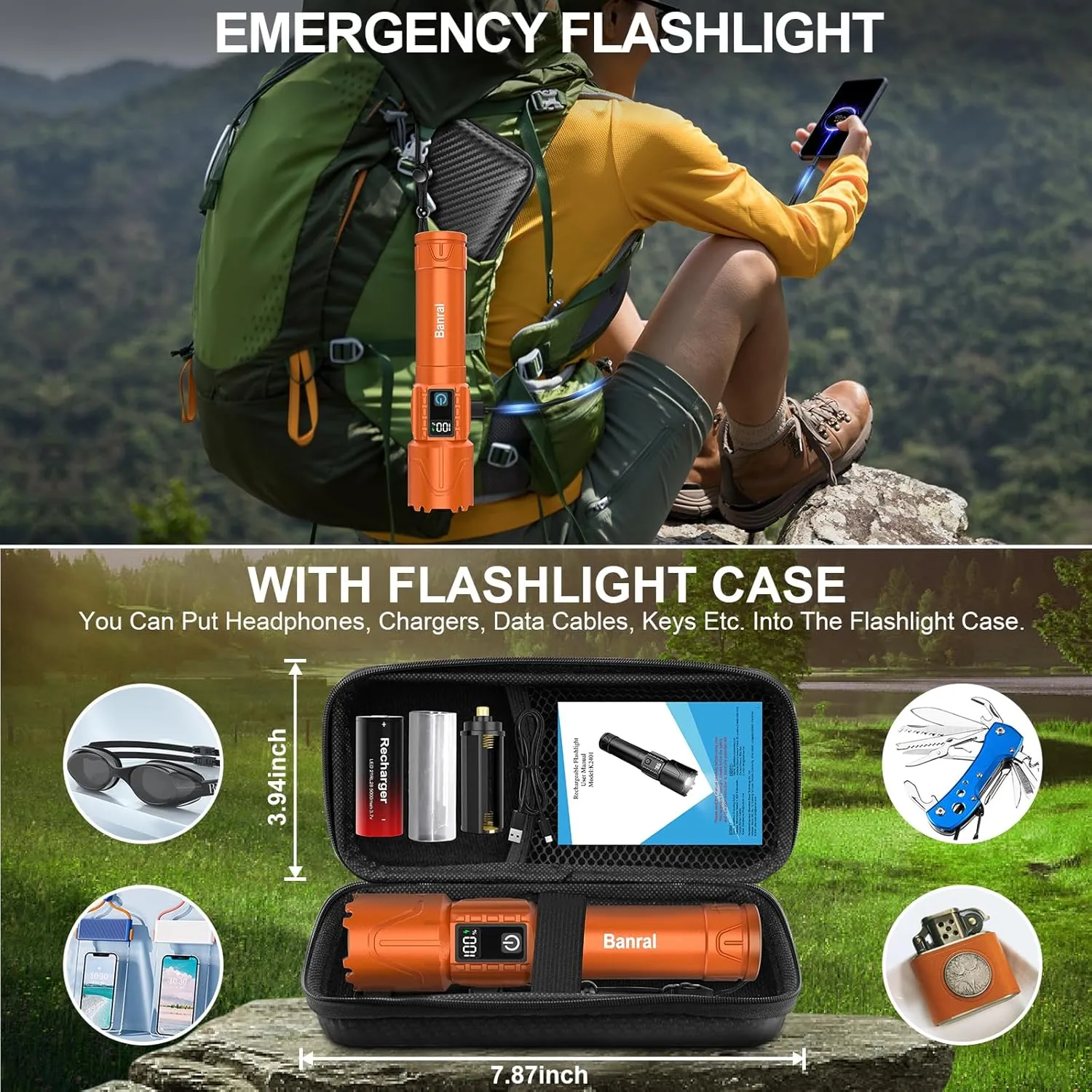 Rechargeable Flashlights High Lumens - Super Bright LED Tactical Flash Light, Powerful Waterproof Handheld USB C Flashlight for Camping,Emergencies,Home,5 Modes,Zoomable (2, Orange)