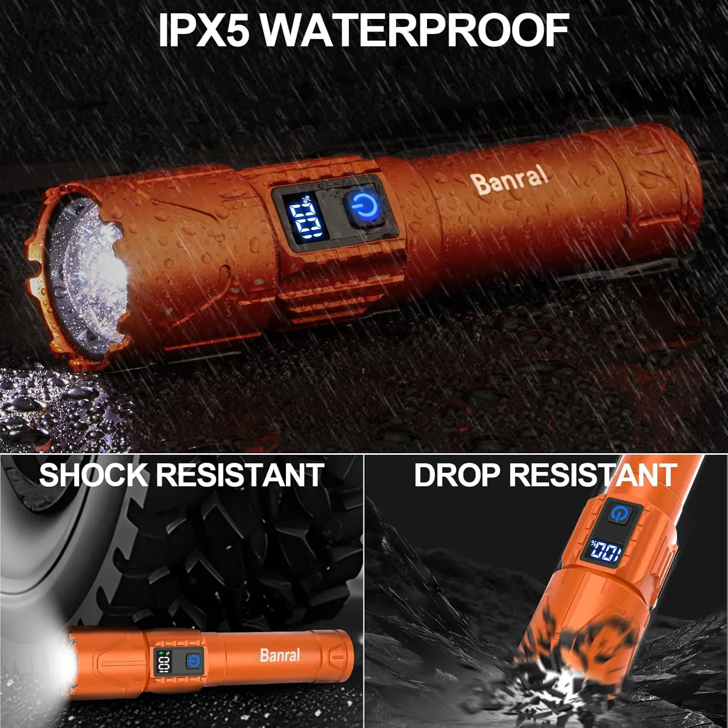Rechargeable Flashlights High Lumens - Super Bright LED Tactical Flash Light, Powerful Waterproof Handheld USB C Flashlight for Camping,Emergencies,Home,5 Modes,Zoomable (2, Orange)