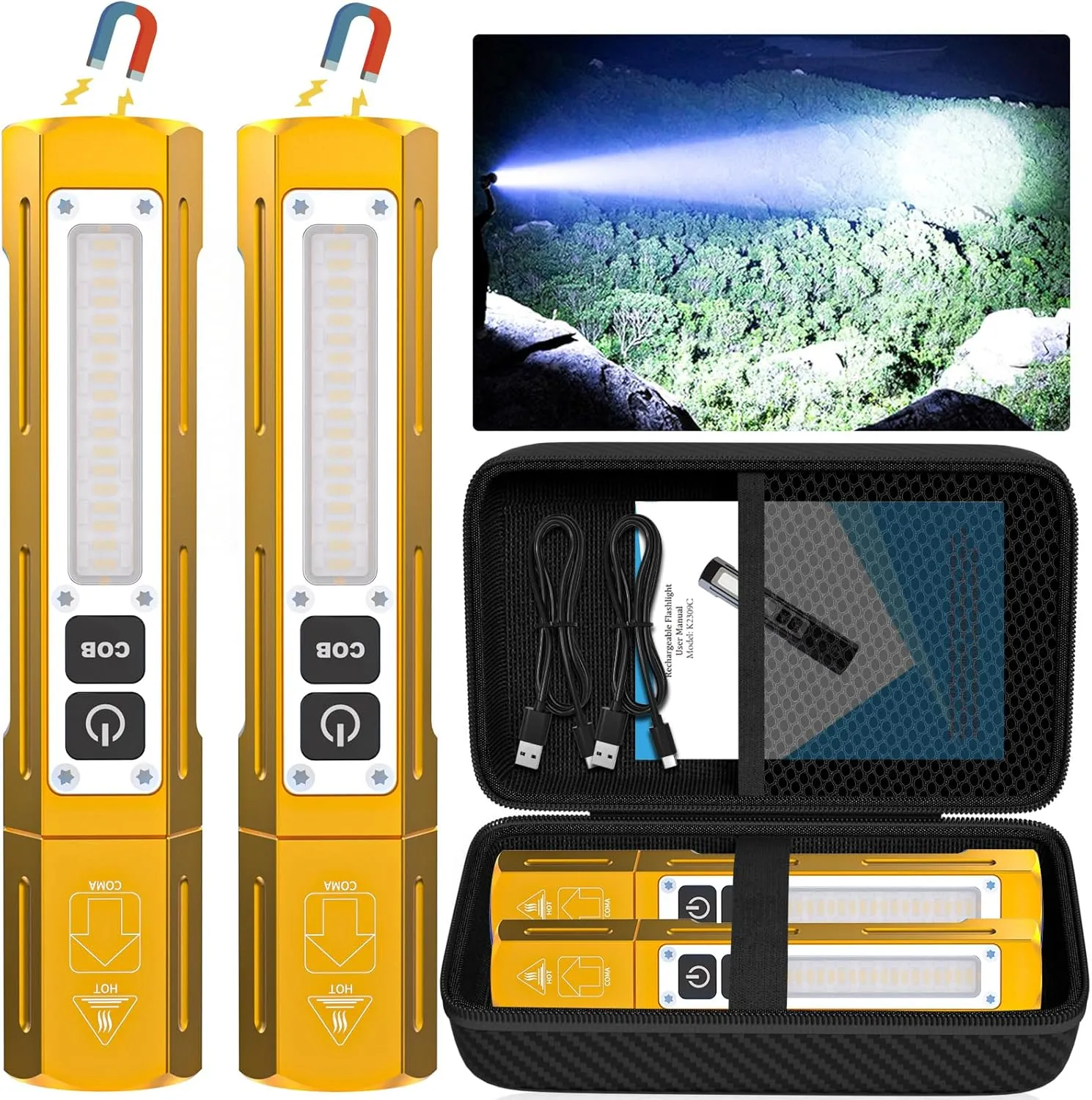 Rechargeable Flashlights High Lumens - Super Bright Small Pocket Magnetic Flashlight, 8 Modes LED Tactical Flash Light, Dual Button Powerful Flashlight for Camping (2, Yellow Gold)