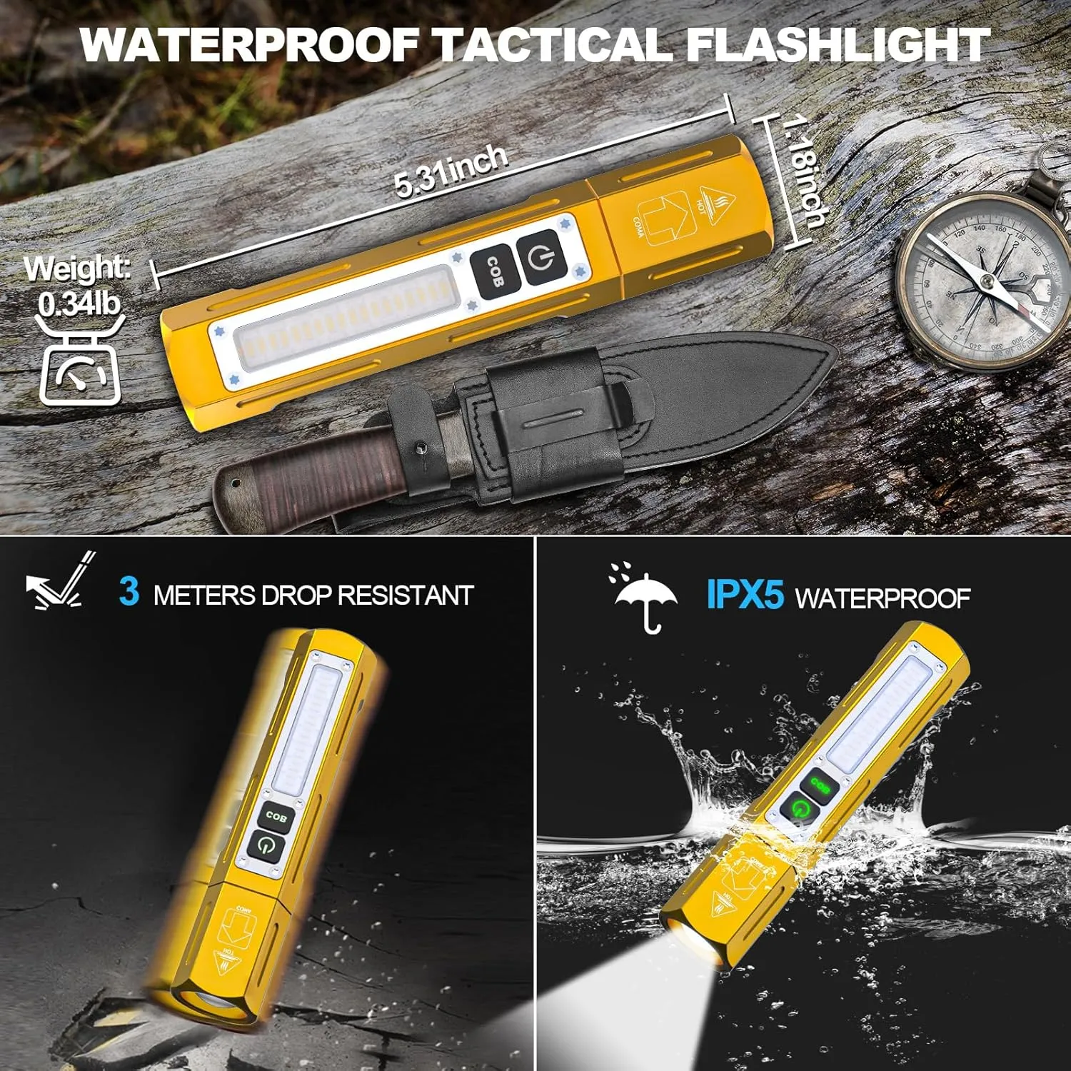 Rechargeable Flashlights High Lumens - Super Bright Small Pocket Magnetic Flashlight, 8 Modes LED Tactical Flash Light, Dual Button Powerful Flashlight for Camping (2, Yellow Gold)