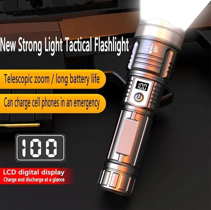 Rechargeable High Brightness Flashlight, 900000LM Powerful Tactical Flashlight, 5 Modes Adjustable Portable LCD Flashlight, Waterproof, Handheld Flash, for Emergencies, Hiking,Camping.