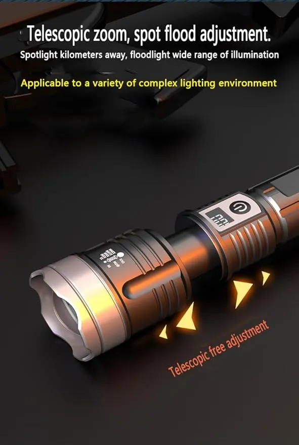 Rechargeable High Brightness Flashlight, 900000LM Powerful Tactical Flashlight, 5 Modes Adjustable Portable LCD Flashlight, Waterproof, Handheld Flash, for Emergencies, Hiking,Camping.