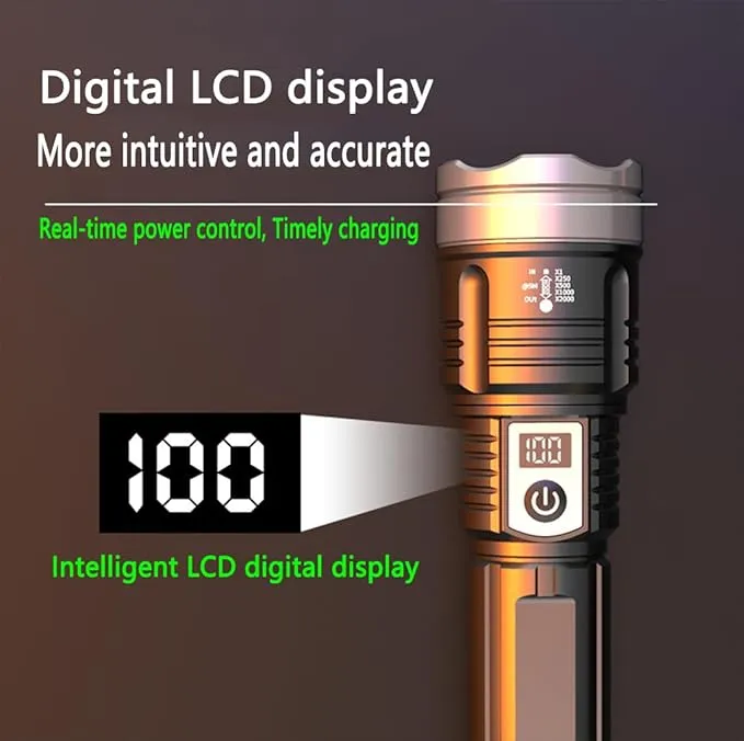 Rechargeable High Brightness Flashlight, 900000LM Powerful Tactical Flashlight, 5 Modes Adjustable Portable LCD Flashlight, Waterproof, Handheld Flash, for Emergencies, Hiking,Camping.