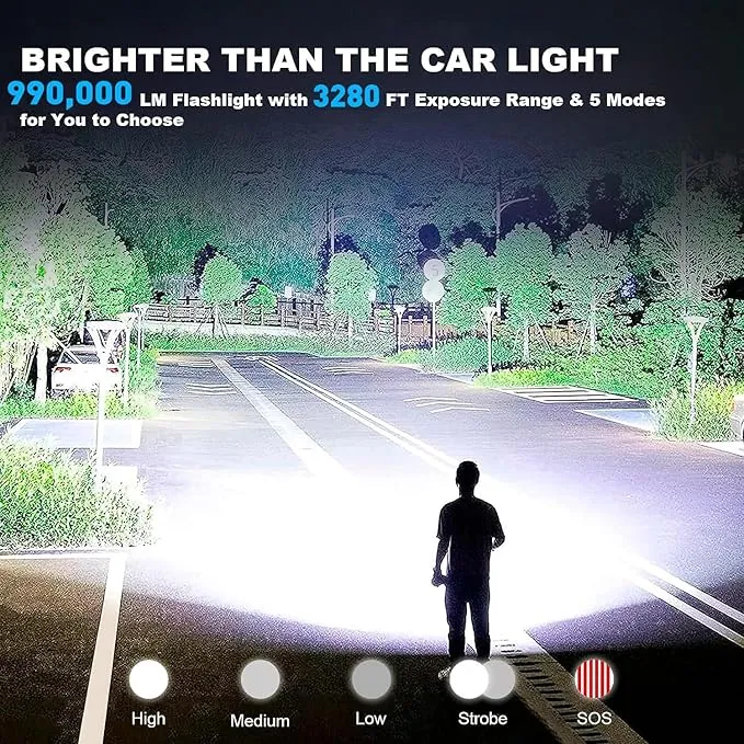 Rechargeable LED Flashlights High Lumens, 900,000 Super Bright High Powerful Flash Light,5 Modes, IPX7 Waterproof,Handheld Powerful Flashlights for Emergency Camping Hiking