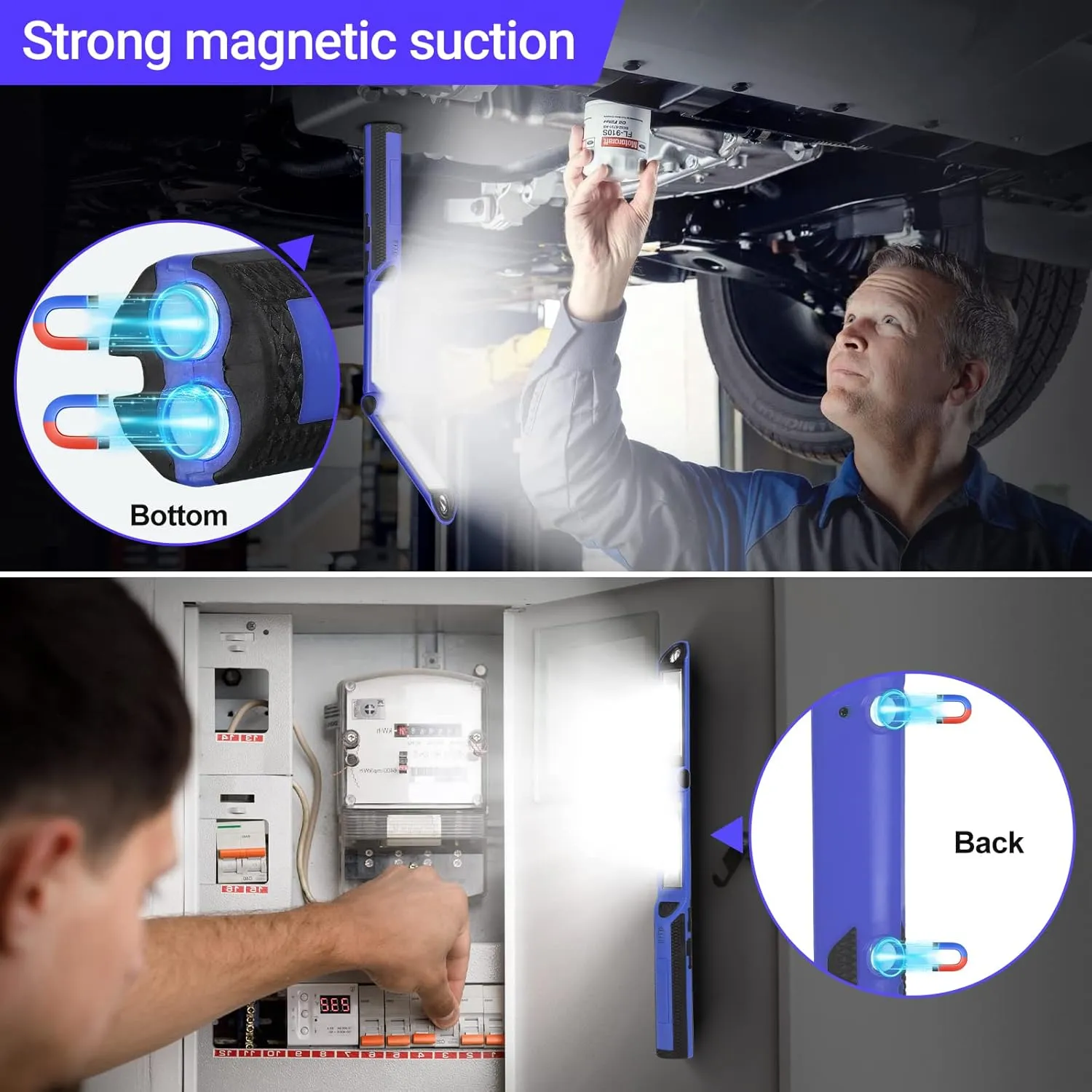 Rechargeable LED Work Light 1500 Lumens, Portable Magnetic Light 180 Rotate 3 Modes, with 4 Magnetic Base and Hook for Under Hood/Car Repairing/Inspection/Outdoor
