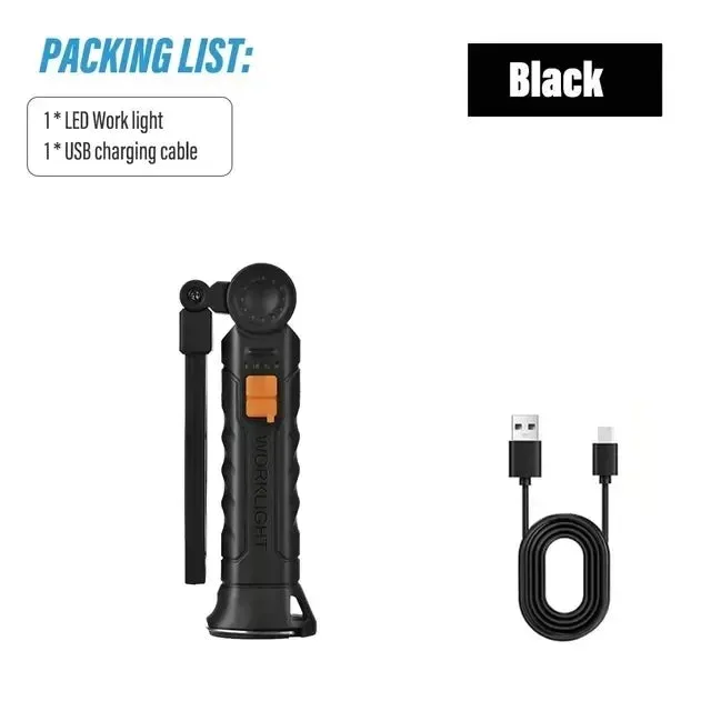 Rechargeable LED Work Light Flashlight, 5 Modes, Rotatable, Magnetic Base, Waterproof, for Camping & Emergency Use