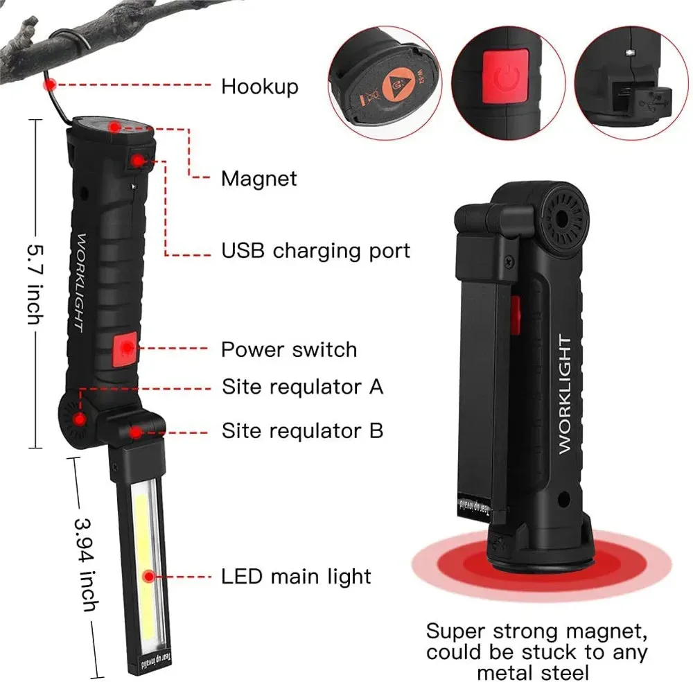 Rechargeable LED Work Light Flashlight, 5 Modes, Rotatable, Magnetic Base, Waterproof, for Camping & Emergency Use