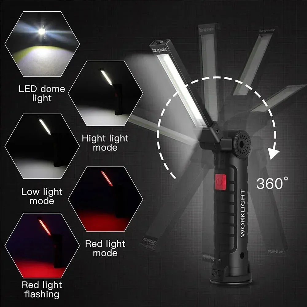 Rechargeable LED Work Light Flashlight, 5 Modes, Rotatable, Magnetic Base, Waterproof, for Camping & Emergency Use