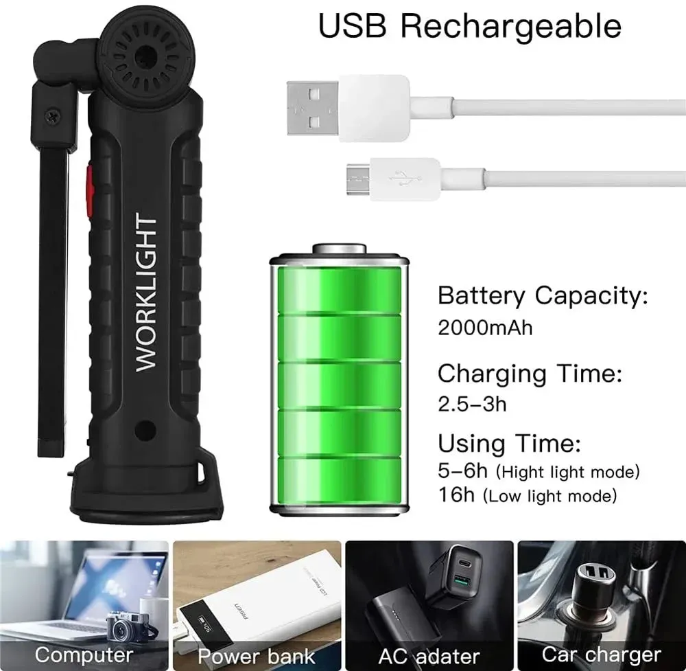 Rechargeable LED Work Light Flashlight, 5 Modes, Rotatable, Magnetic Base, Waterproof, for Camping & Emergency Use