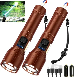 Rechargeable Magnetic Flashlights High Lumens, Super Bright LED Powerful Flashlight 8 Modes with COB Work Light, Waterproof Handheld Flash Light for Camping (2 Pack with Paper Box, Brown)