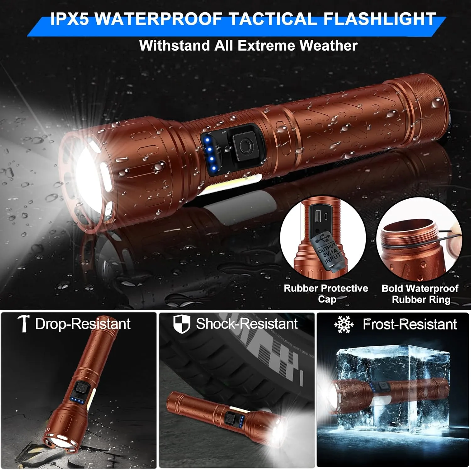 Rechargeable Magnetic Flashlights High Lumens, Super Bright LED Powerful Flashlight 8 Modes with COB Work Light, Waterproof Handheld Flash Light for Camping (2 Pack with Paper Box, Brown)