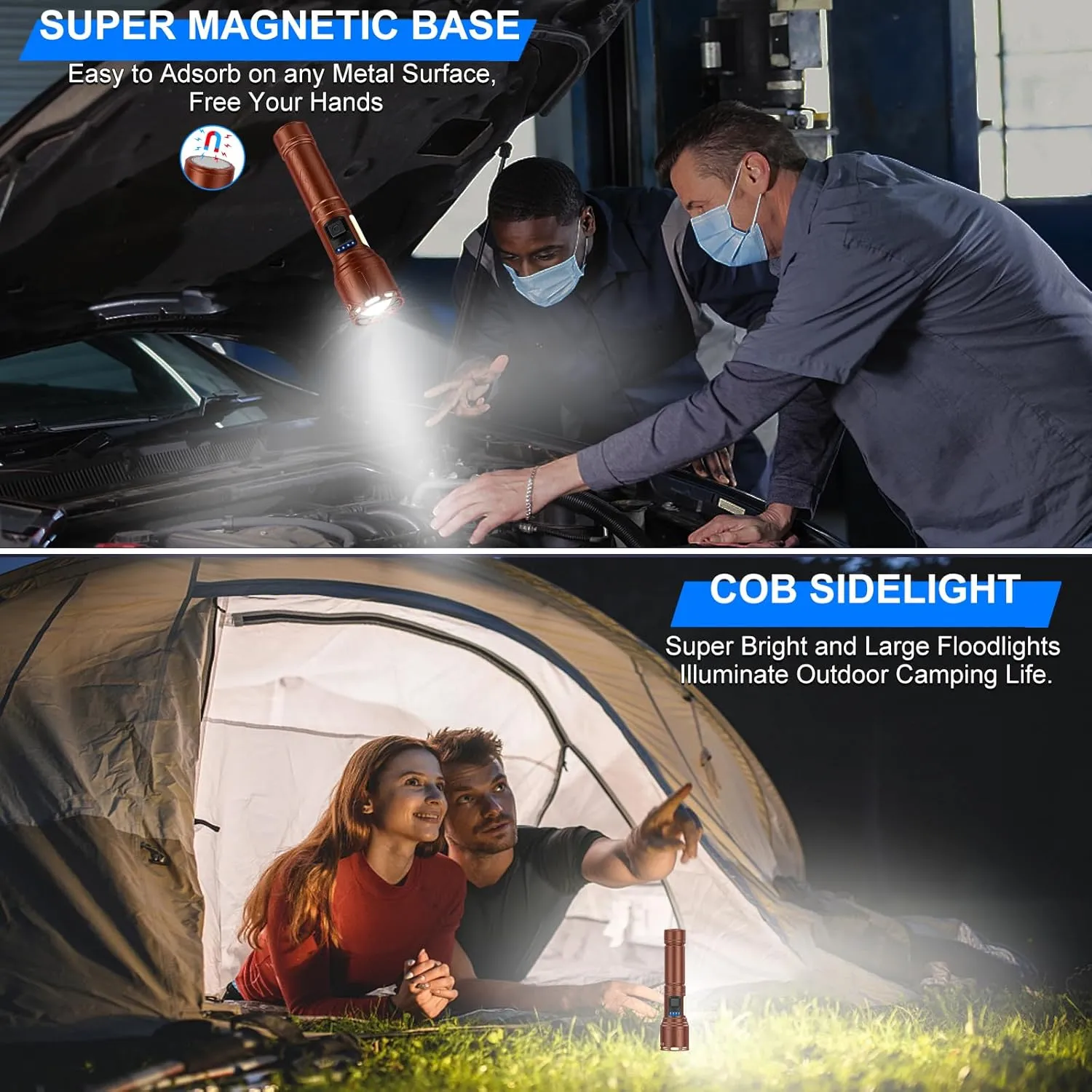 Rechargeable Magnetic Flashlights High Lumens, Super Bright LED Powerful Flashlight 8 Modes with COB Work Light, Waterproof Handheld Flash Light for Camping (2 Pack with Paper Box, Brown)