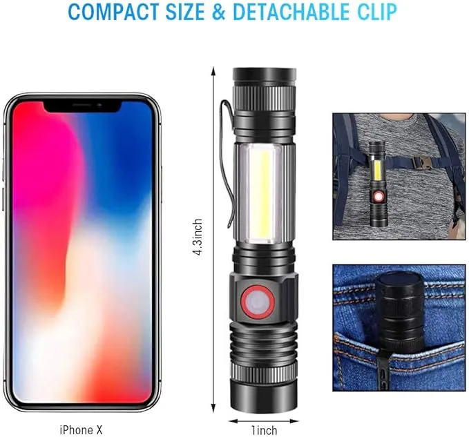 Rechargeable Tactical Flashlight, Magnetic LED Flashlight with COB Work Light, Super Bright 2000 Lumens Flash Light 4 Modes Waterproof Zoomable Flashlight for Camping Emergency