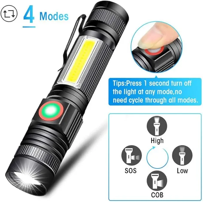 Rechargeable Tactical Flashlight, Magnetic LED Flashlight with COB Work Light, Super Bright 2000 Lumens Flash Light 4 Modes Waterproof Zoomable Flashlight for Camping Emergency