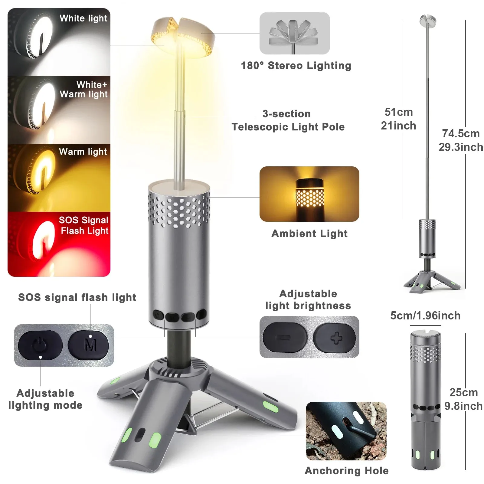 Rechargeable Telescopic Camping Lantern 10000mAh, Dimmable Fishing Light, Emergency Power Failure Lamp