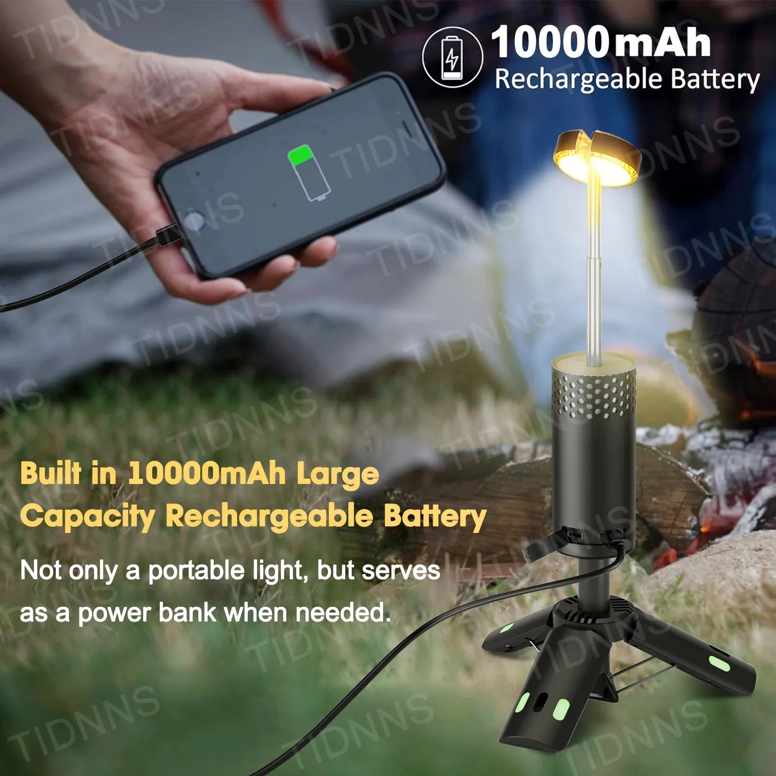 Rechargeable Telescopic Camping Lantern 10000mAh, Dimmable Fishing Light, Emergency Power Failure Lamp