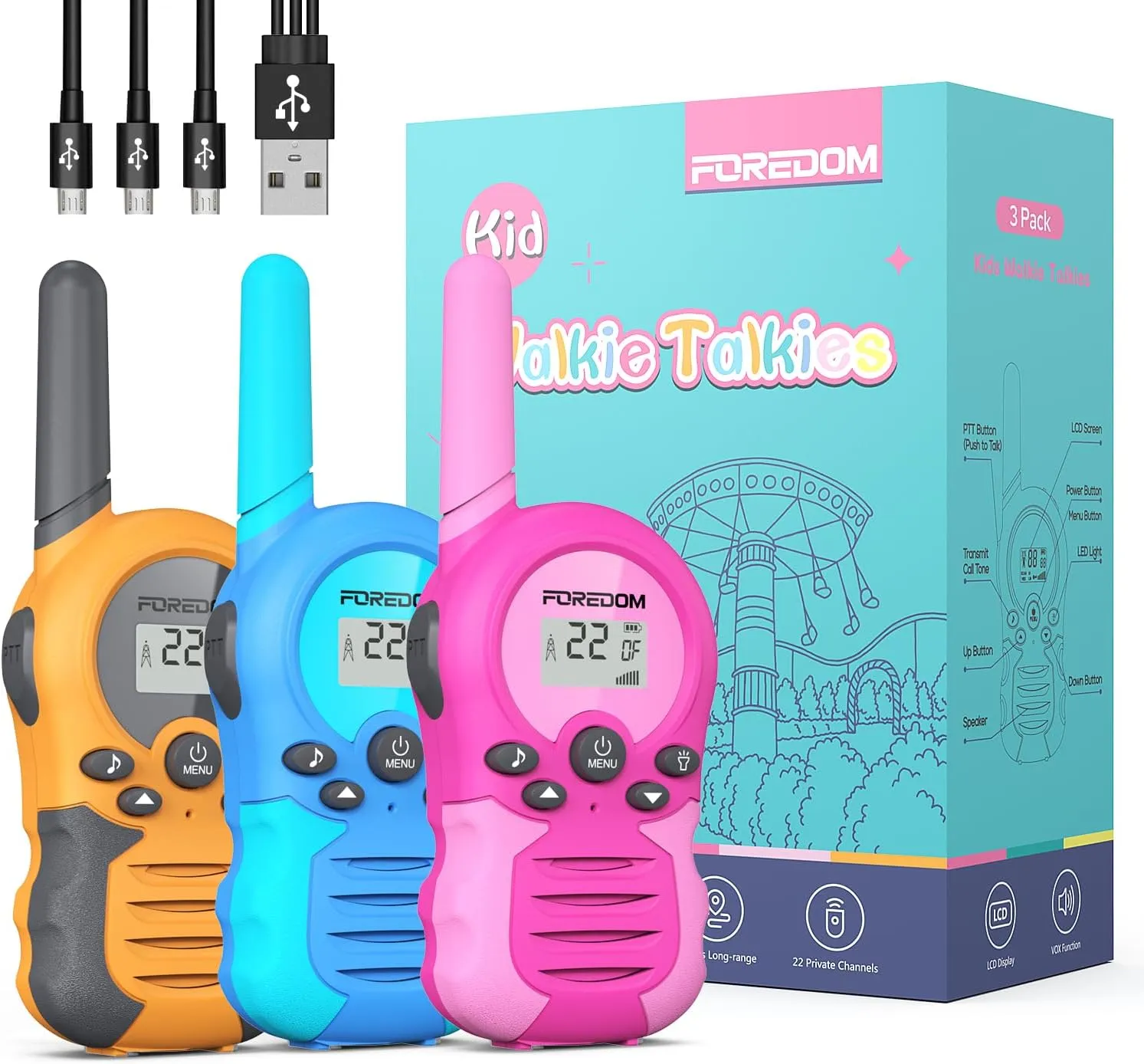 Rechargeable Walkie Talkies for Kids Walkie Talkies Long Range for Boy & Girl Age 3 to 12 Year Old Birthday Toys - 3 Pack