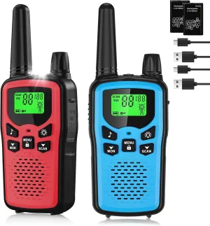 Rechargeable Walkie Talkies Long Range for Kids, Walky Talky VOX with 22 FRS Channels, 99 Privacy Codes Two Way Radio,1200mAh Li-ion Battery, for Camping Hiking Emergency (2 Pack Colorful)