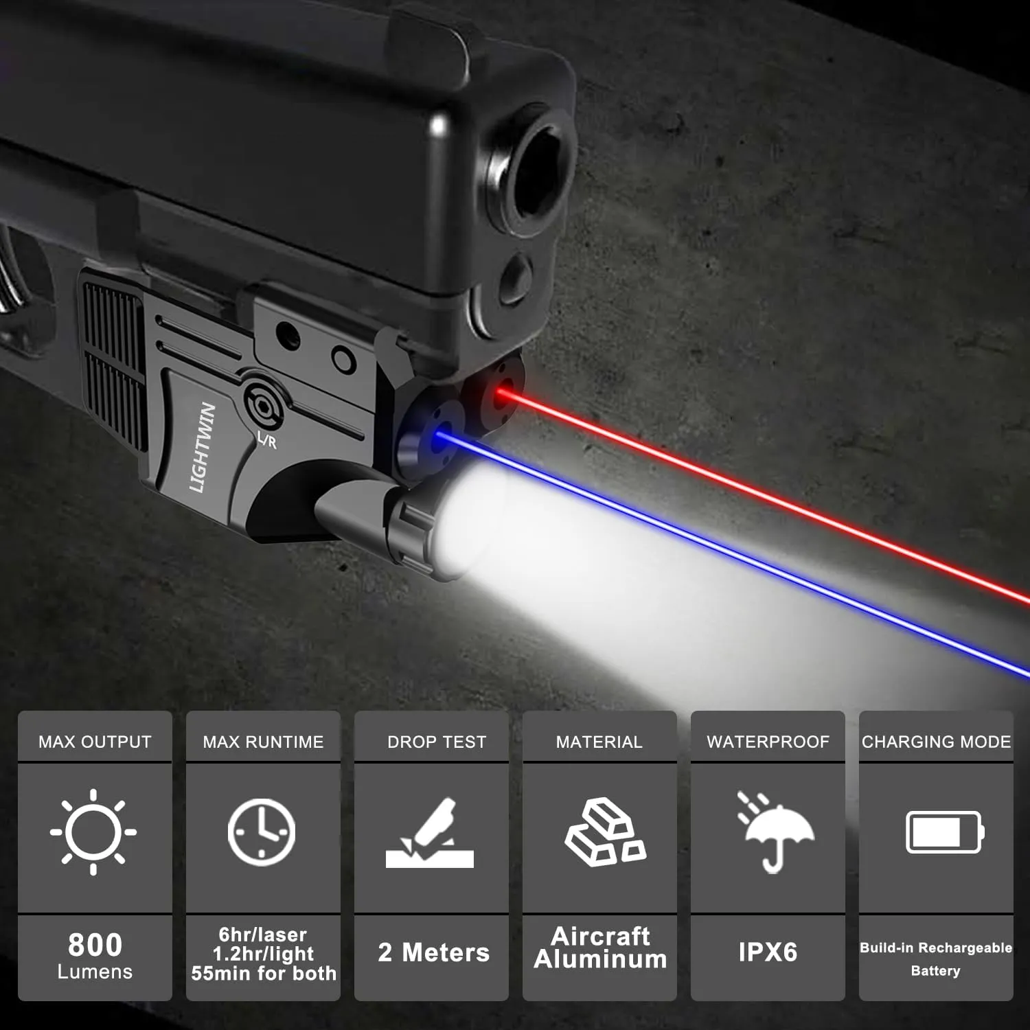 Red Blue Purple Laser Beams with 800 Lumens Flashlight for Pistols, 3 in 1 Laser Light Combo, Tactical USB Rechargeable Laser Sight, Strobe & Steady Flashlight for Picatinny Rail