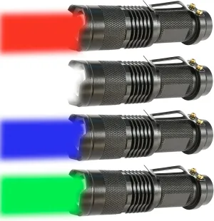 Red Green Blue White Light Flashlight Single Mode LED Flashlight with Clip Zoomable Mini Flashlight for Hunting Camping Night Observation, 4 Pack