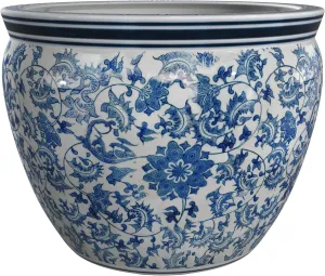 Red Lantern 16" Floral Blue & White Porcelain Fishbowl Planter