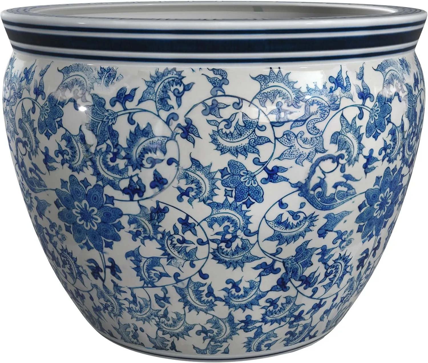 Red Lantern 16" Floral Blue & White Porcelain Fishbowl Planter