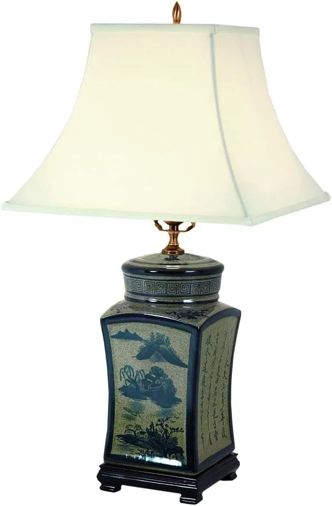 Red Lantern 25" Blue & White Chinese Calligraphy Porcelain Lamp