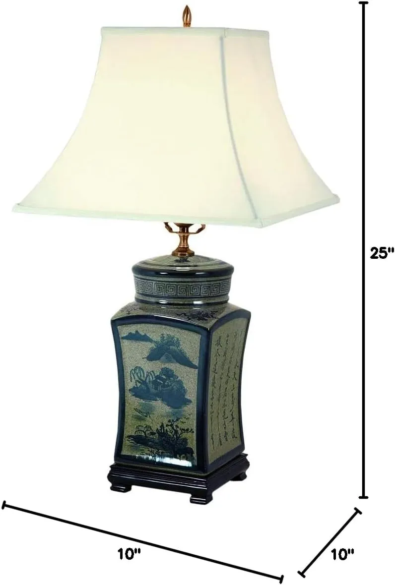 Red Lantern 25" Blue & White Chinese Calligraphy Porcelain Lamp