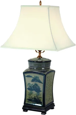 Red Lantern 25" Blue & White Chinese Calligraphy Porcelain Lamp