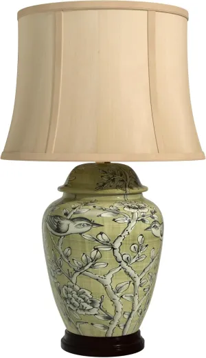 Red Lantern 25" Jade Green Birds and Flowers Lamp